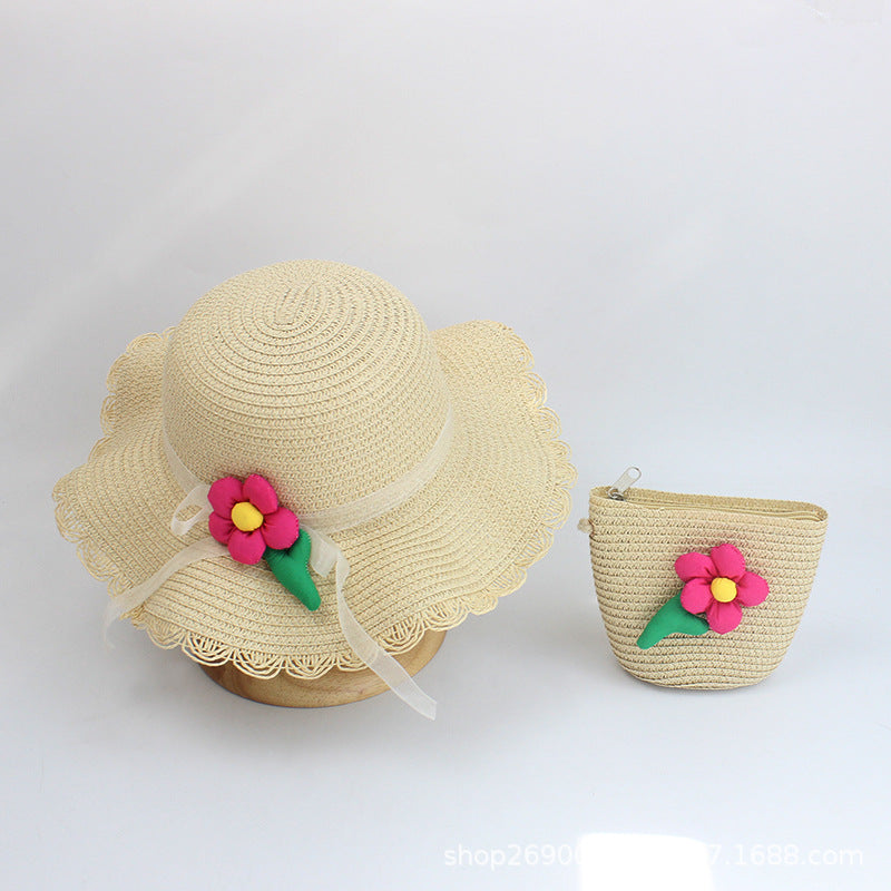 Summer Straw Hat Flower Girls Sunscreen Beach Hat Baby Sunshade Hat Bag Set
