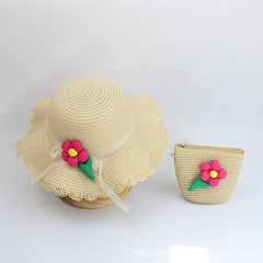 Summer Straw Hat Flower Girls Sunscreen Beach Hat Baby Sunshade Hat Bag Set