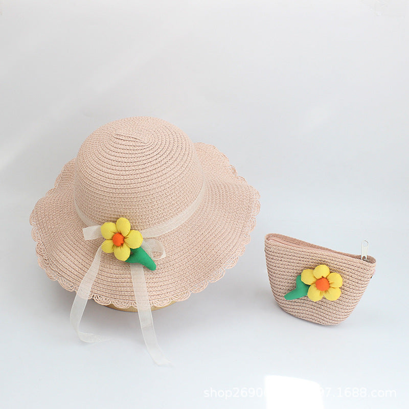 Summer Straw Hat Flower Girls Sunscreen Beach Hat Baby Sunshade Hat Bag Set