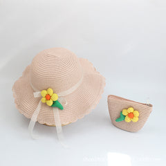 Summer Straw Hat Flower Girls Sunscreen Beach Hat Baby Sunshade Hat Bag Set