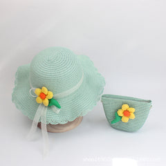 Summer Straw Hat Flower Girls Sunscreen Beach Hat Baby Sunshade Hat Bag Set