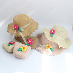Summer Straw Hat Flower Girls Sunscreen Beach Hat Baby Sunshade Hat Bag Set