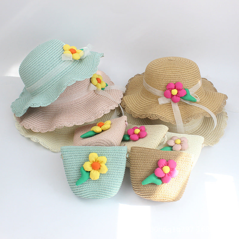 Summer Straw Hat Flower Girls Sunscreen Beach Hat Baby Sunshade Hat Bag Set