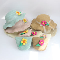 Summer Straw Hat Flower Girls Sunscreen Beach Hat Baby Sunshade Hat Bag Set