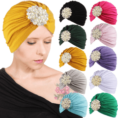 Faux Pearl Flower Turban Cap Women Head Scarf Elastic Head Wraps Bandana