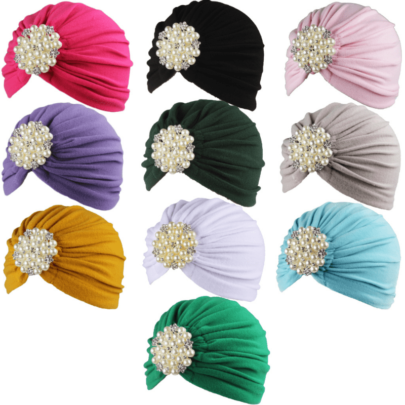 Faux Pearl Flower Turban Cap Women Head Scarf Elastic Head Wraps Bandana