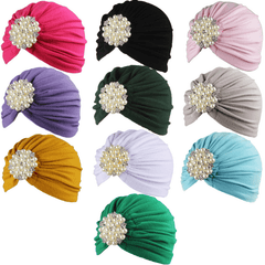 Faux Pearl Flower Turban Cap Women Head Scarf Elastic Head Wraps Bandana