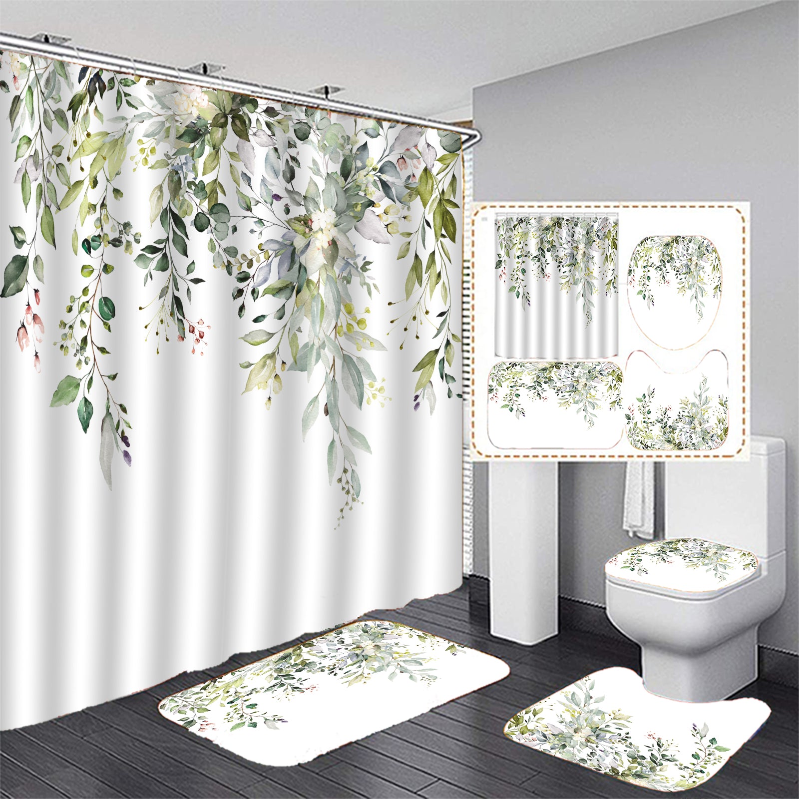 4pcs Green Eucalyptus Shower Curtain & Bathroom Mat Set