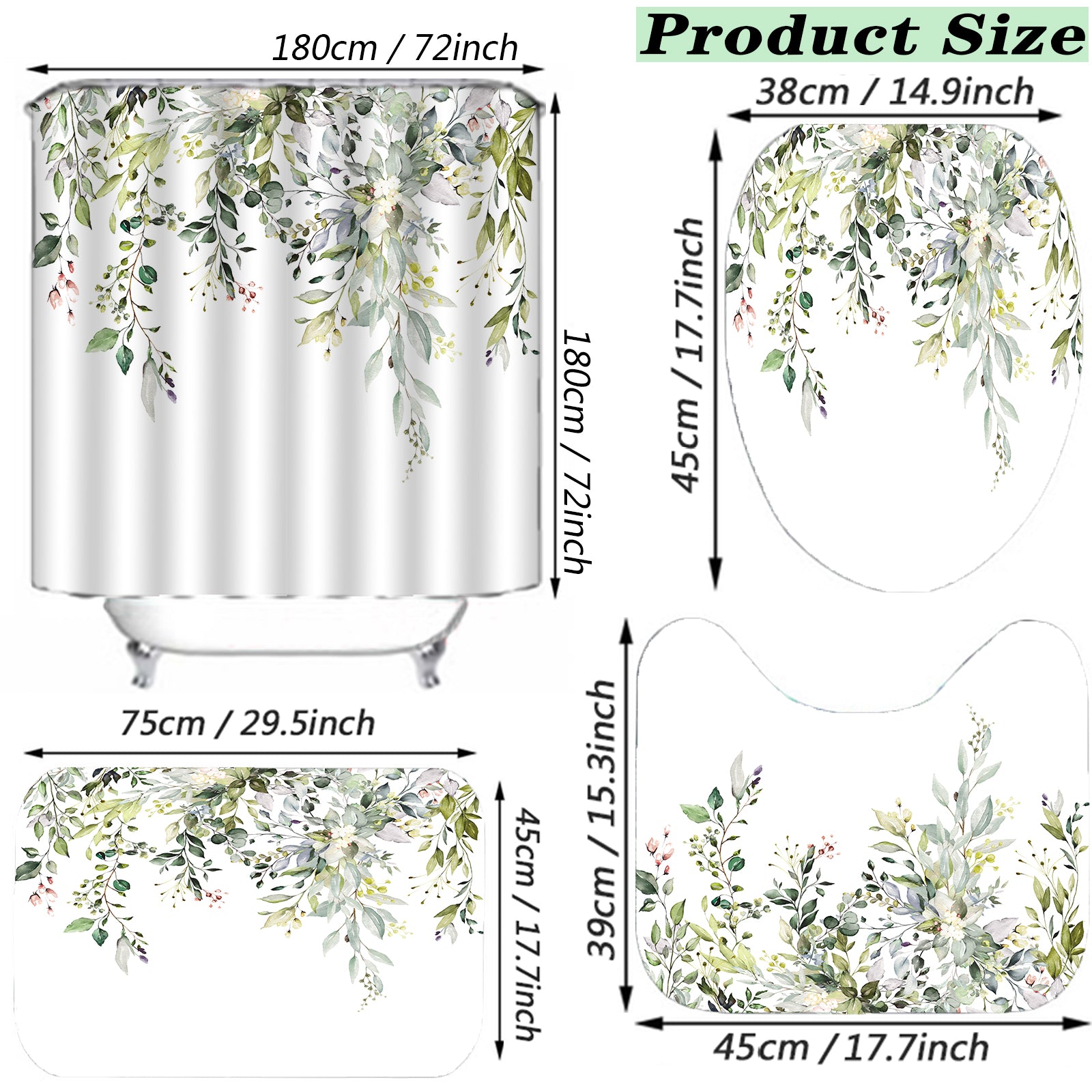 4pcs Green Eucalyptus Shower Curtain & Bathroom Mat Set