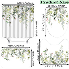 4pcs Green Eucalyptus Shower Curtain & Bathroom Mat Set
