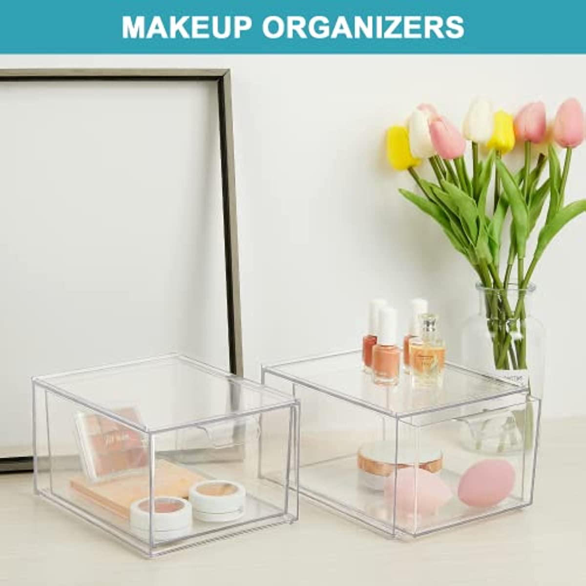 2 Pack Stackable Makeup Organizer Storage Drawers Clear Plastic Storage Bins