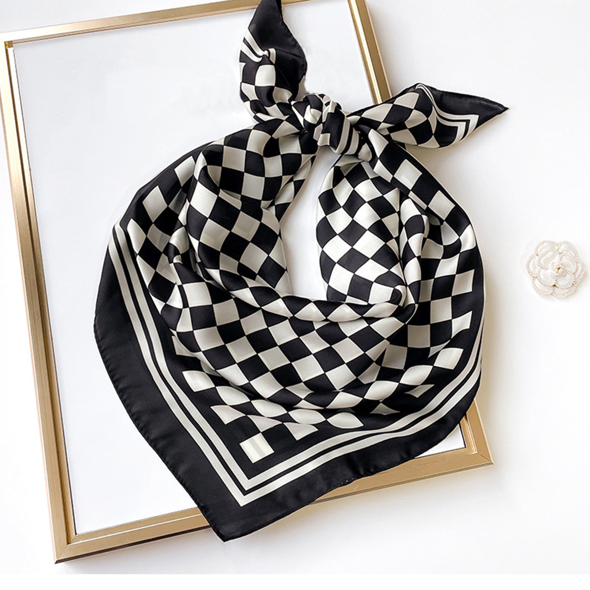 Plaid Print Silk Square Scarf Neckerchief Breathable Bandana