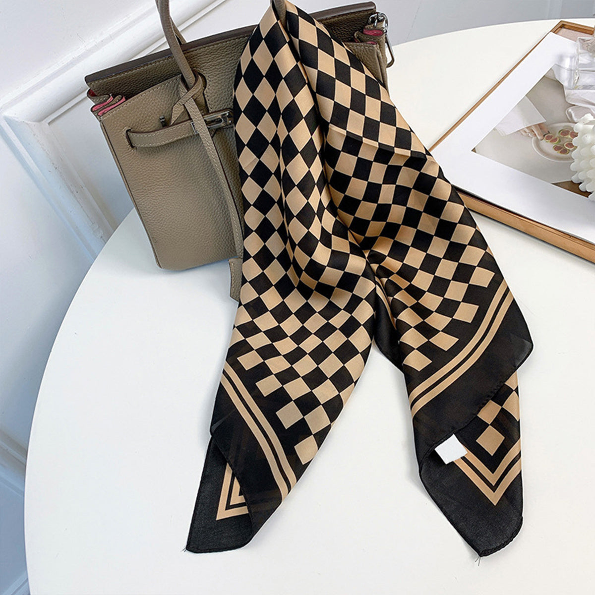 Plaid Print Silk Square Scarf Neckerchief Breathable Bandana