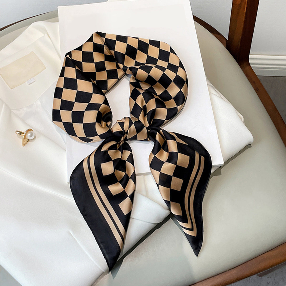 Plaid Print Silk Square Scarf Neckerchief Breathable Bandana