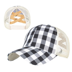 Plaid Print Ponytail Baseball Cap Casual Elastic Band Adjustable Sports Hat