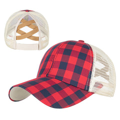 Plaid Print Ponytail Baseball Cap Casual Elastic Band Adjustable Sports Hat