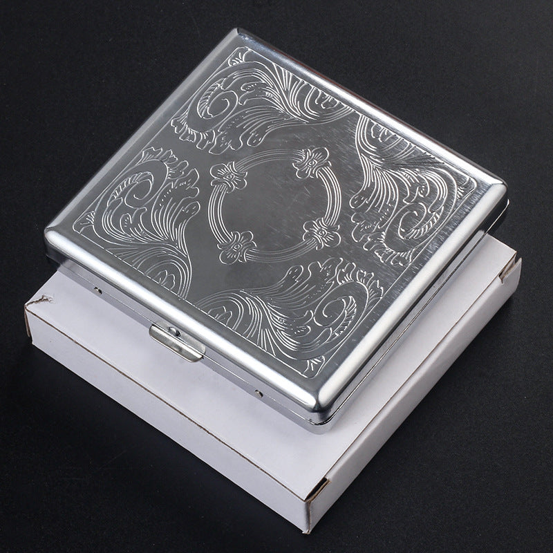 Stainless Steel Embossed Cigarette Box Holds 20 Cigarettes