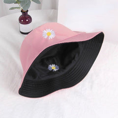 Embroidery Bucket Hat Cotton Fisherman Cap Strawberry Daisy