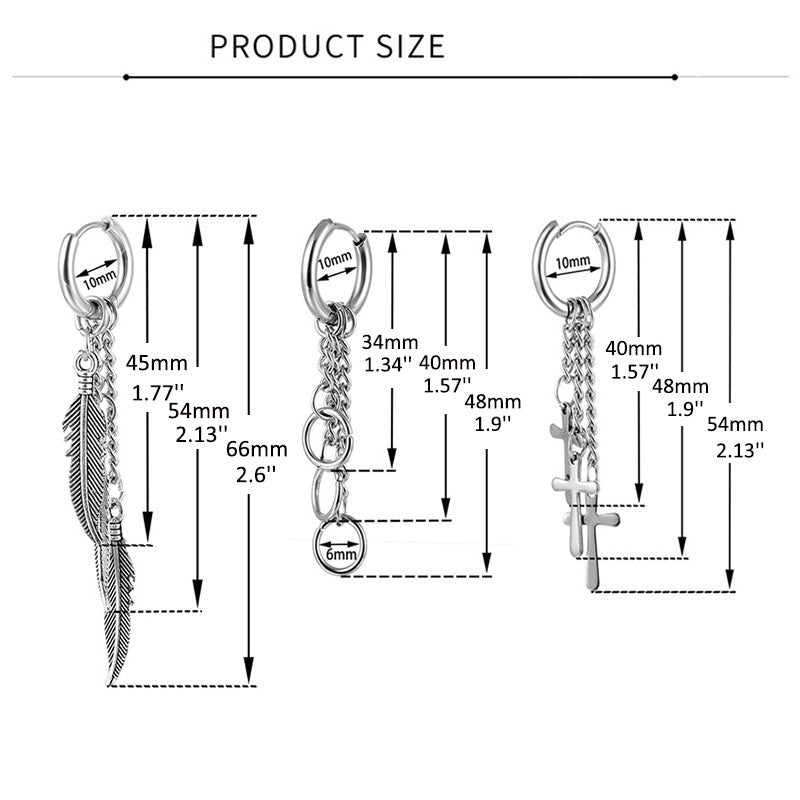 1pc Stainless Steel Feather Cross Pendant & Tassel Small Hoop Earring