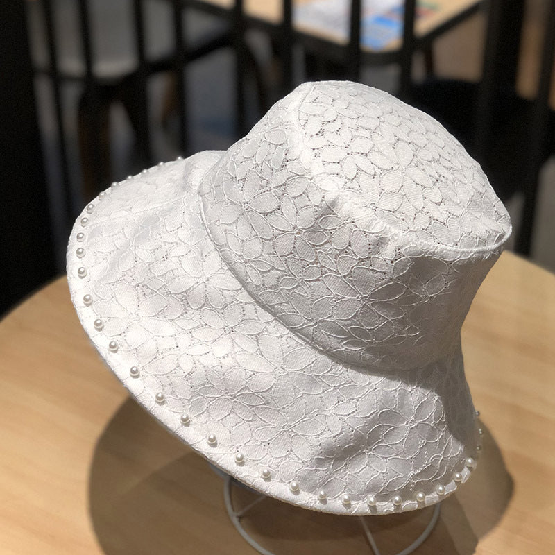 Faux Pearl Decor Bucket Hat Lace Sun Hat Lightweight Travel Beach Hat