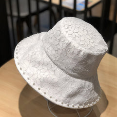 Faux Pearl Decor Bucket Hat Lace Sun Hat Lightweight Travel Beach Hat