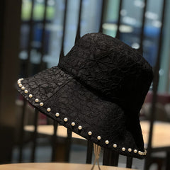 Faux Pearl Decor Bucket Hat Lace Sun Hat Lightweight Travel Beach Hat