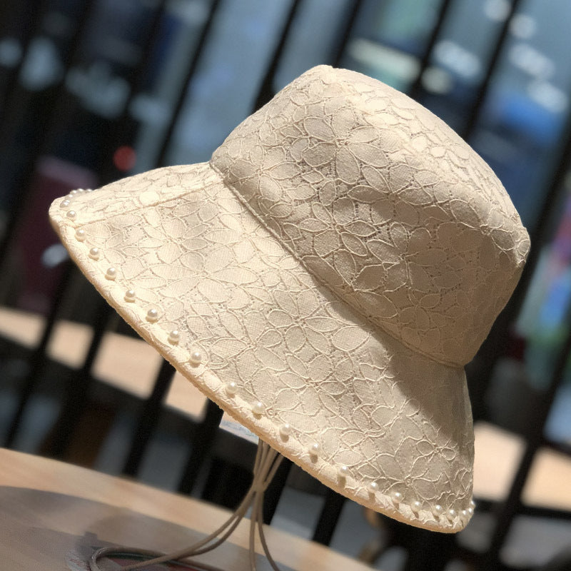 Faux Pearl Decor Bucket Hat Lace Sun Hat Lightweight Travel Beach Hat
