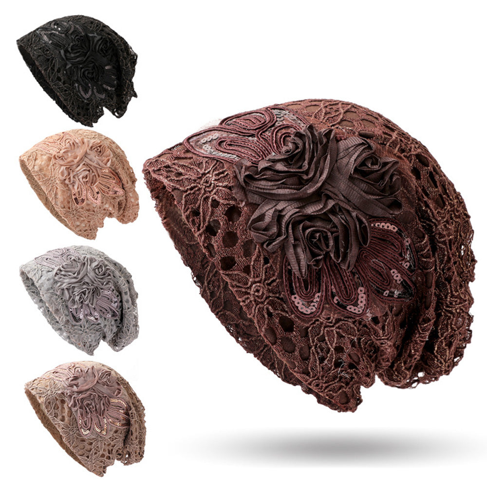 Lace Flower Embroidery Slouch Beanie Soft Turban Cap