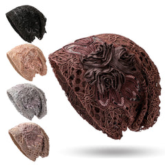Lace Flower Embroidery Slouch Beanie Soft Turban Cap