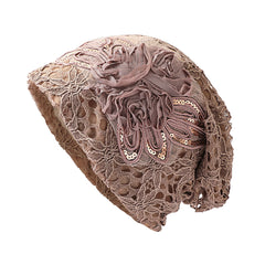 Lace Flower Embroidery Slouch Beanie Soft Turban Cap