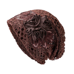 Lace Flower Embroidery Slouch Beanie Soft Turban Cap