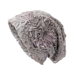 Lace Flower Embroidery Slouch Beanie Soft Turban Cap