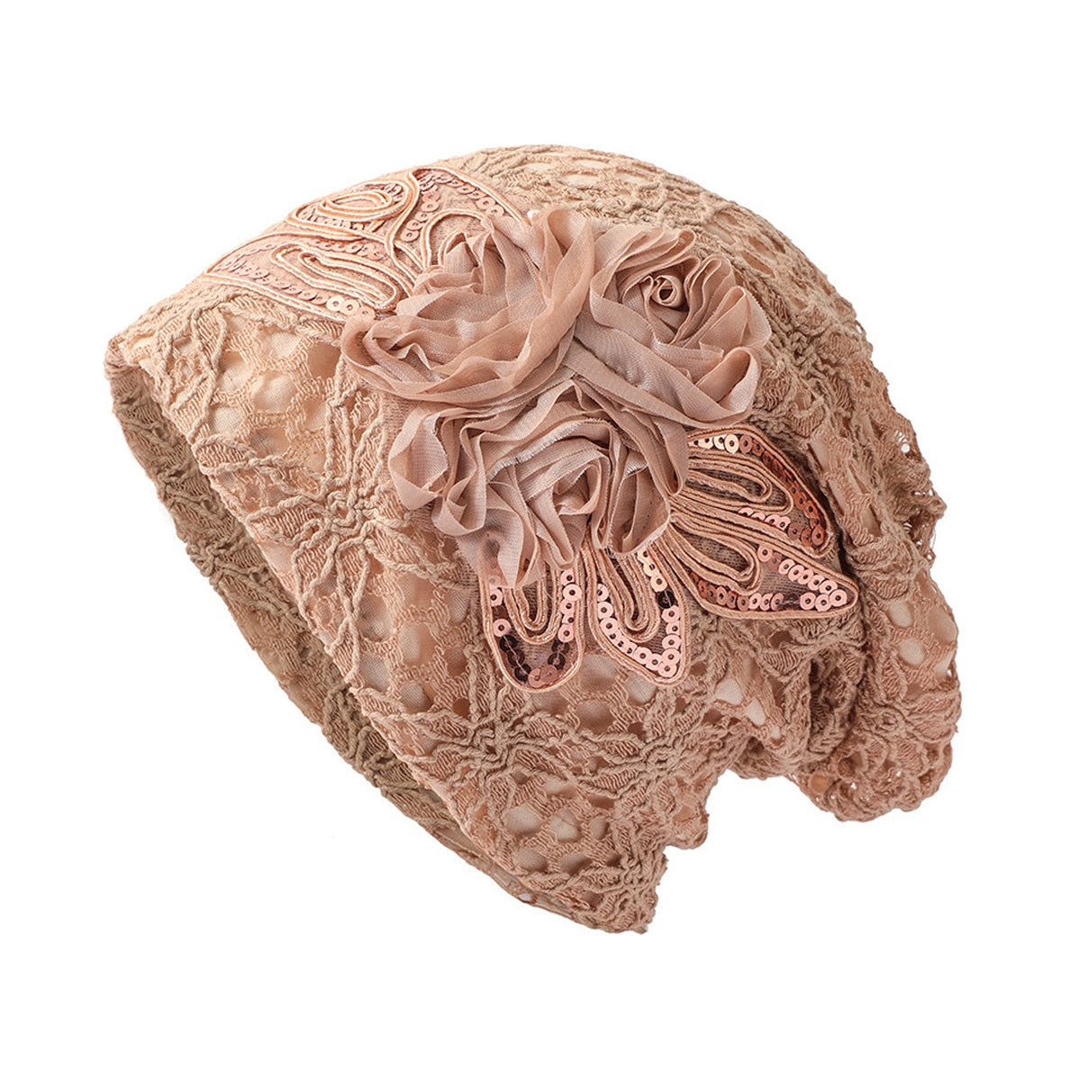 Lace Flower Embroidery Slouch Beanie Soft Turban Cap