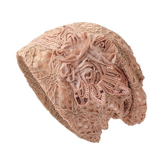 Lace Flower Embroidery Slouch Beanie Soft Turban Cap