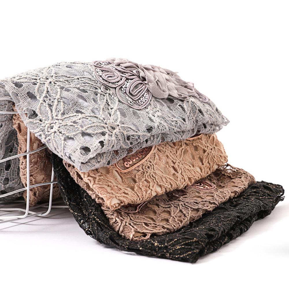 Lace Flower Embroidery Slouch Beanie Soft Turban Cap