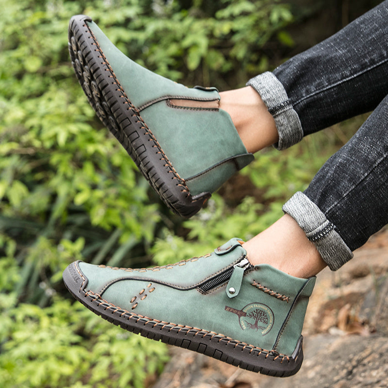 Men's Lace Boots Zipper Green High Top Shoes Outdoor Hiking