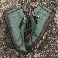 Men's Lace Boots Zipper Green High Top Shoes Outdoor Hiking