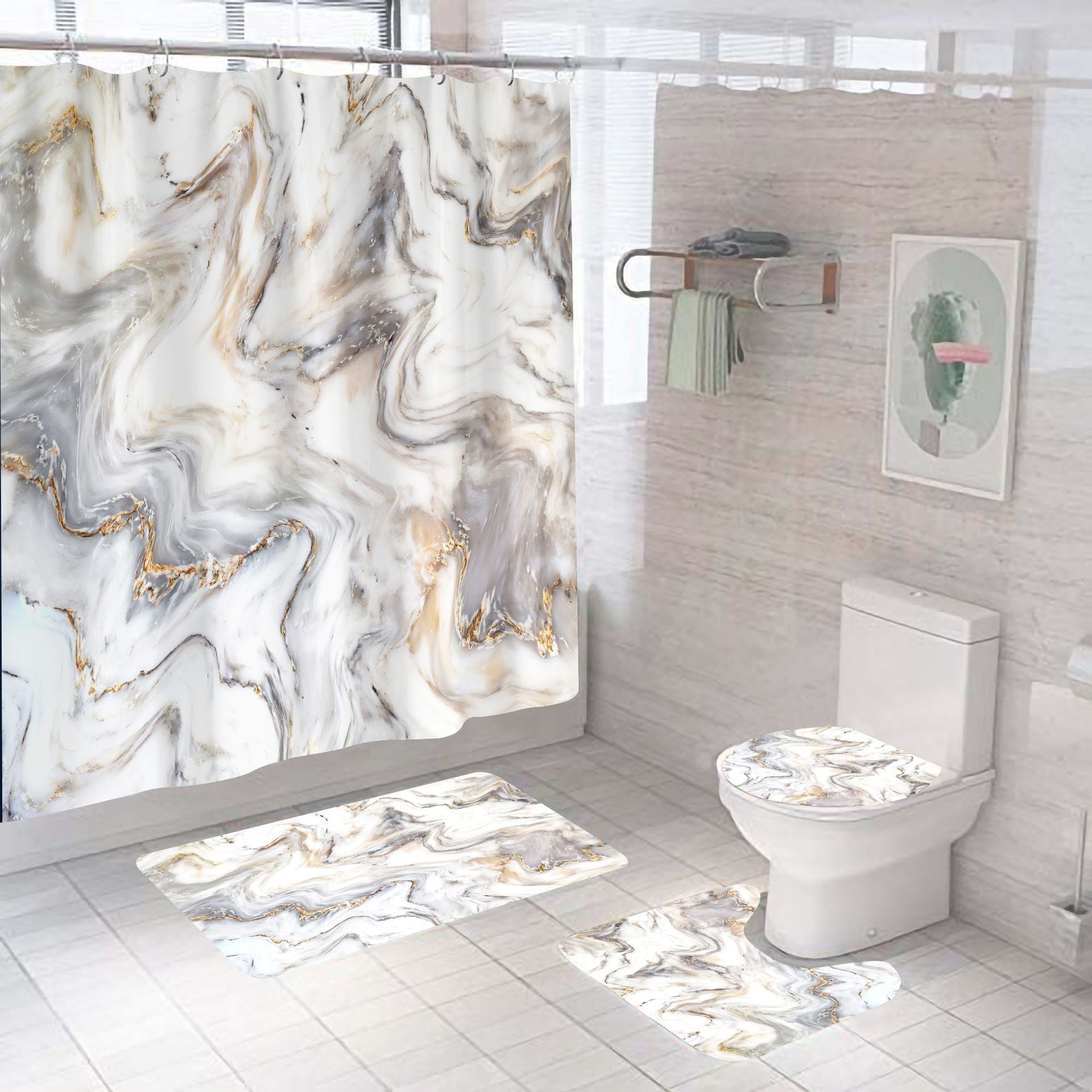 4pcs Marble Pattern Waterproof Shower Curtain with 12 Hooks Bathroom Decor