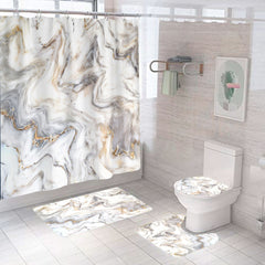 4pcs Marble Pattern Waterproof Shower Curtain with 12 Hooks Bathroom Decor