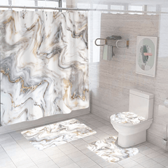 4pcs Marble Pattern Waterproof Shower Curtain with 12 Hooks Bathroom Decor