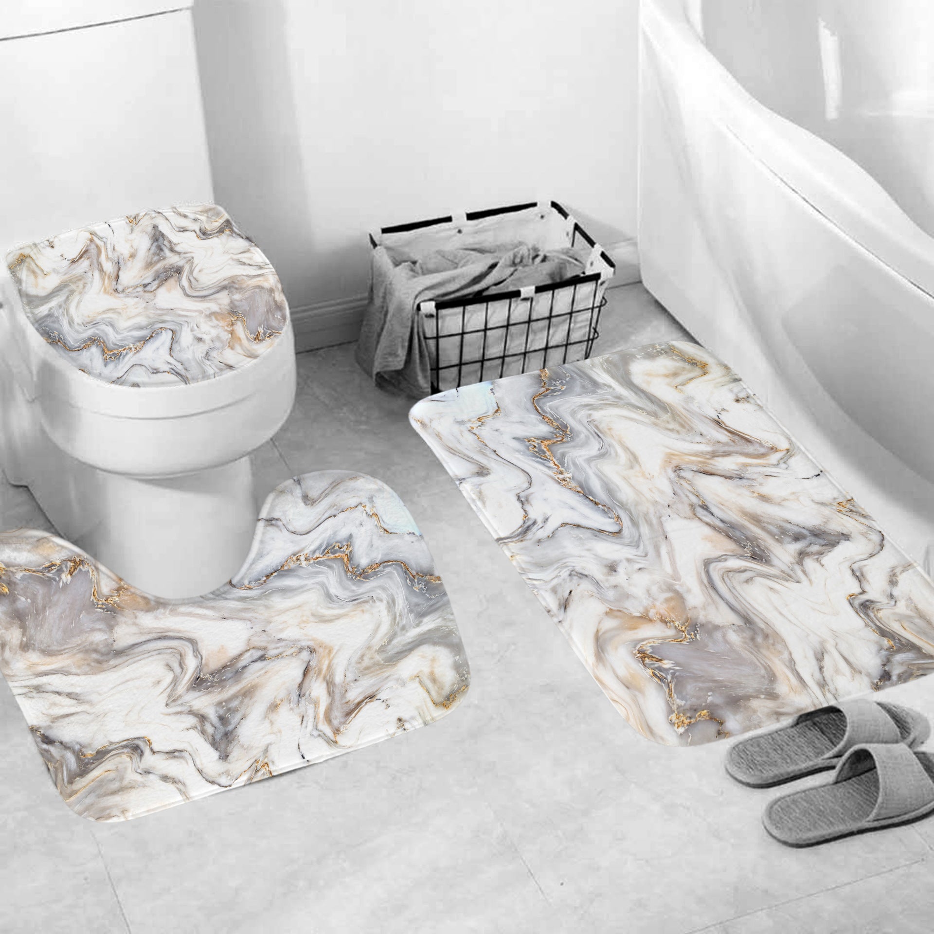 4pcs Marble Pattern Waterproof Shower Curtain with 12 Hooks Bathroom Decor