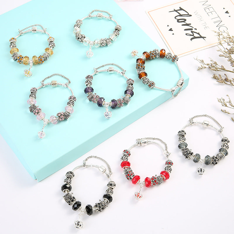 King Queen Princess Crown Charm Bangle Jewelry Snake Chain Beaded Bangles
