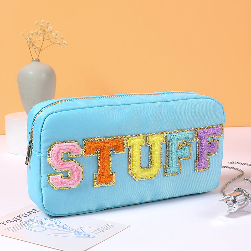 Nylon Preppy Makeup Bag Organizer With Chenille Letter Patch