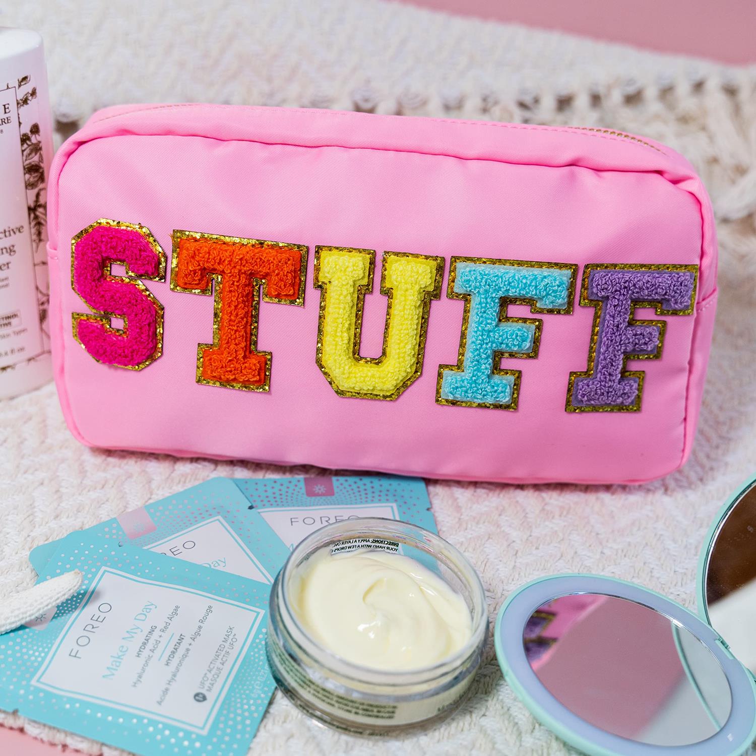 Nylon Preppy Makeup Bag Organizer With Chenille Letter Patch
