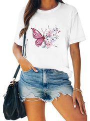 Flower & Butterfly Print Tee Round Neck Casual Sports Tee Women's Tops