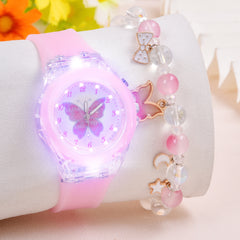 Cartoon Butterfly LED Watch & Beaded Bracelet Gift For Girls