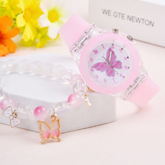 Cartoon Butterfly LED Watch & Beaded Bracelet Gift For Girls