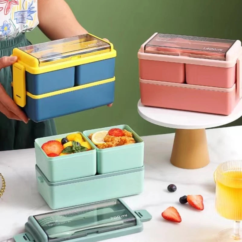 Insulated Bento Box With Tableware 2 Layers Stackable Leakproof Lunch Box