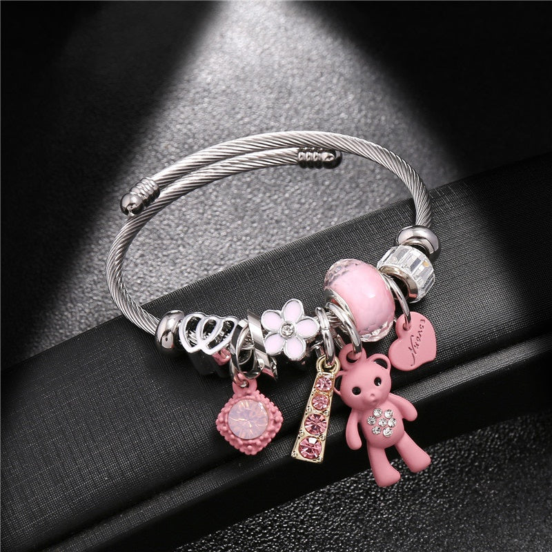 Heart Flower Bear Pendant Bracelet Stainless Steel DIY Jewelry