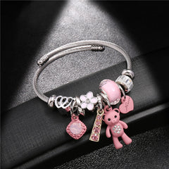 Heart Flower Bear Pendant Bracelet Stainless Steel DIY Jewelry